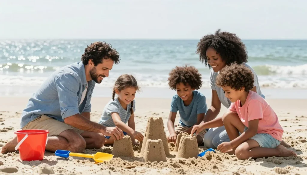 Family with children enjoying Fort Fisher beach activities Family with children enjoying Fort Fisher beach activities