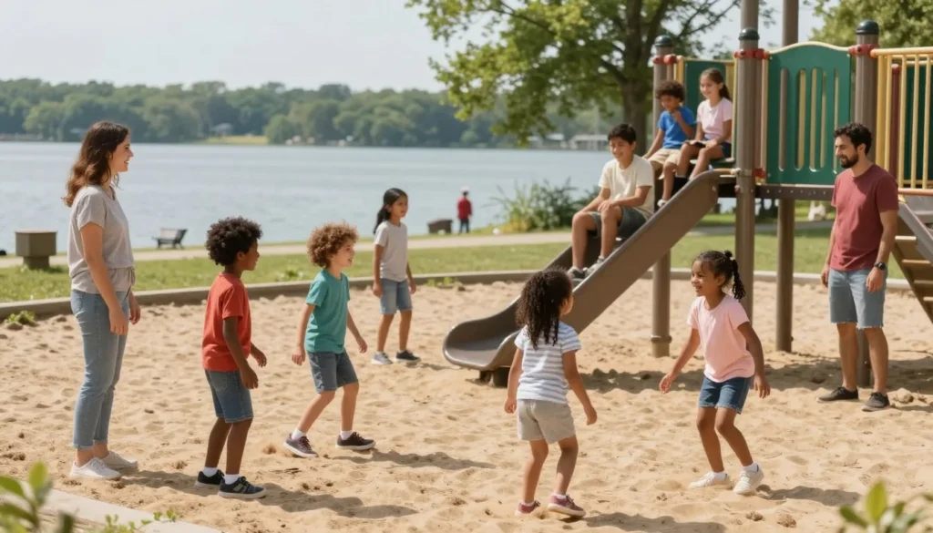 Family with children enjoying activities at Duck Island playground and beach area Family with children enjoying activities at Duck Island playground and beach area