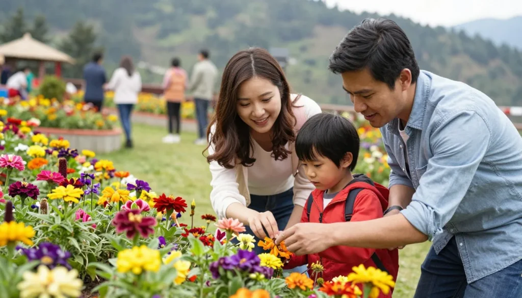 Family with children enjoying activities at flower garden in Gangtok