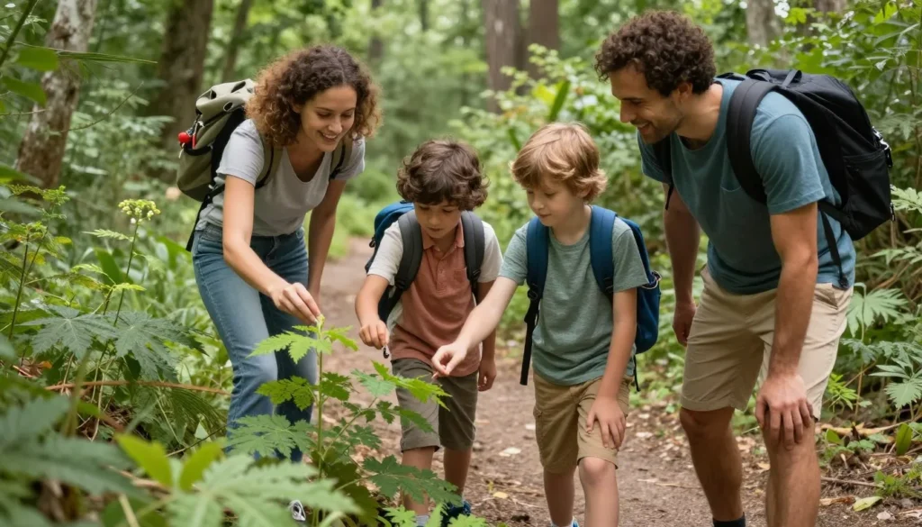 Family with children enjoying easy nature trail at Frozen Head State Park Tennessee Family with children enjoying easy nature trail at Frozen Head State Park Tennessee
