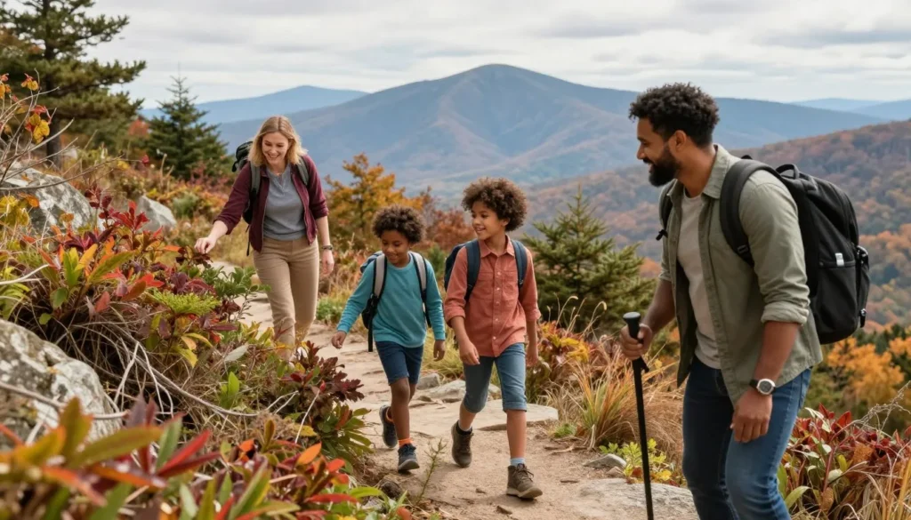 Family with children enjoying easy nature trail near Grandfather Mountain with interpretive signs Family with children enjoying easy nature trail near Grandfather Mountain with interpretive signs