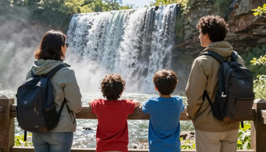 Family with children enjoying easy waterfall view at Turtleback Falls Family with children enjoying easy waterfall view at Turtleback Falls