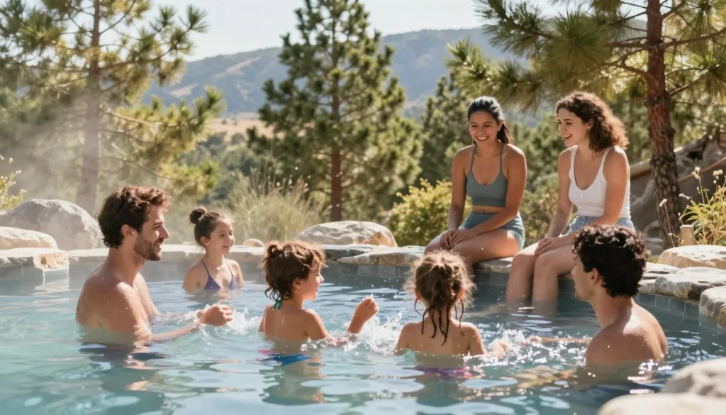 Family with children enjoying hot springs pools at Strawberry Park Colorado in summer Family with children enjoying hot springs pools at Strawberry Park Colorado in summer