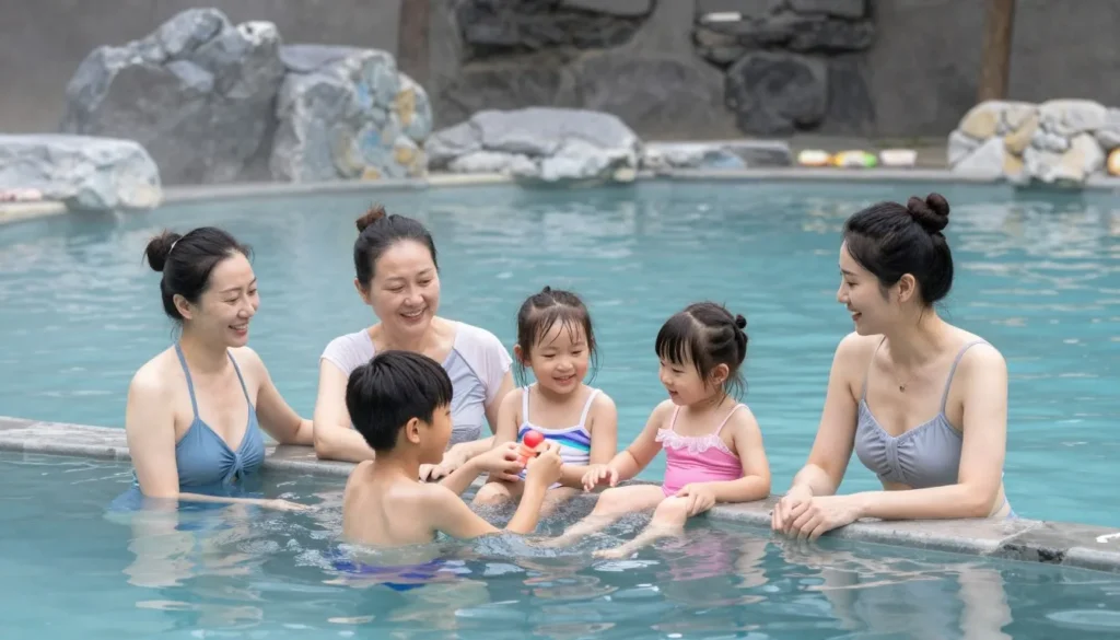 Family with children enjoying hot springs safely Family with children enjoying hot springs safely