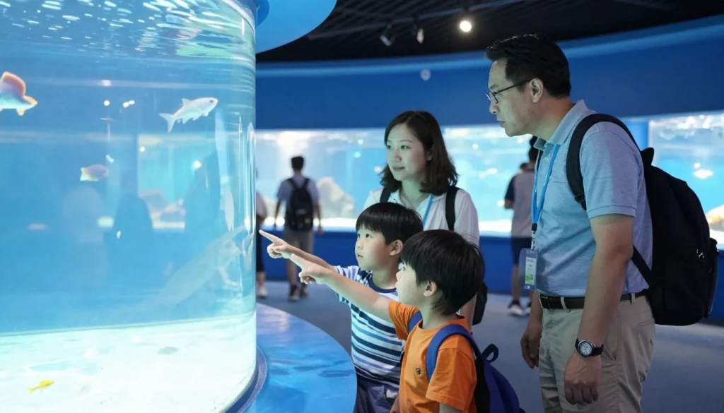 Family with children enjoying interactive exhibit at Oita aquarium Family with children enjoying interactive exhibit at Oita aquarium