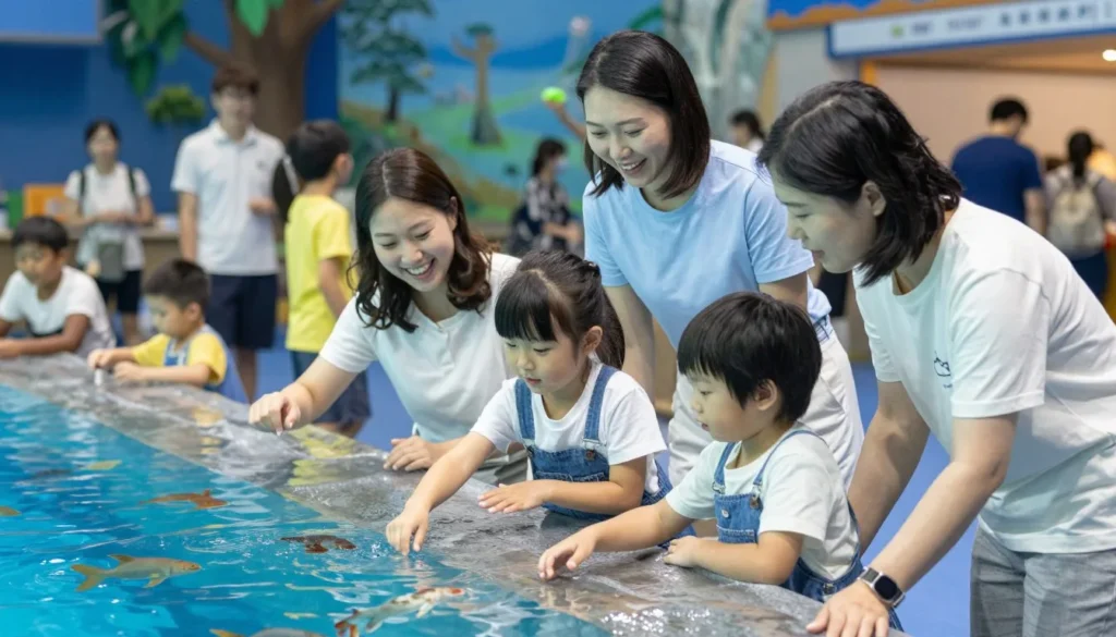 Family with children enjoying interactive exhibit at Oita aquarium