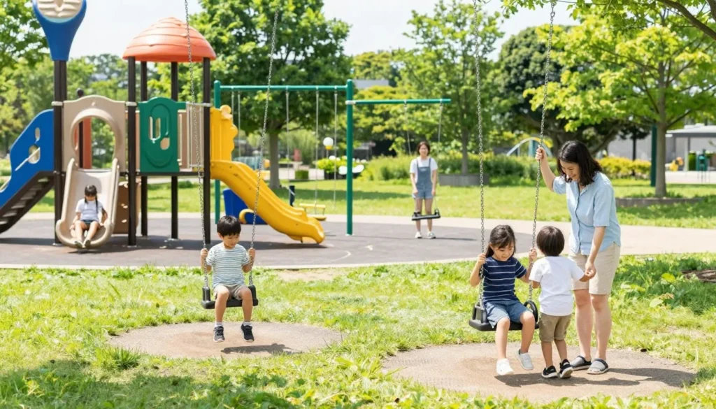 Family with children enjoying outdoor park activities with playground equipment visible Family with children enjoying outdoor park activities with playground equipment visible
