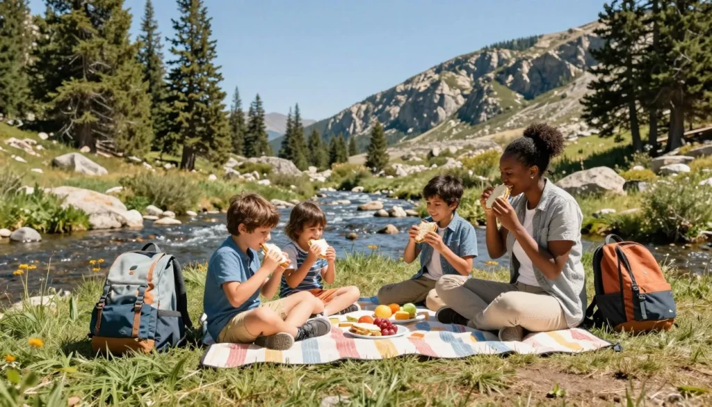 Family with children enjoying picnic near mountain stream Family with children enjoying picnic near mountain stream