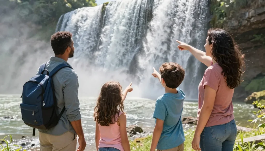 Family with children enjoying roadside view of waterfall Family with children enjoying roadside view of waterfall