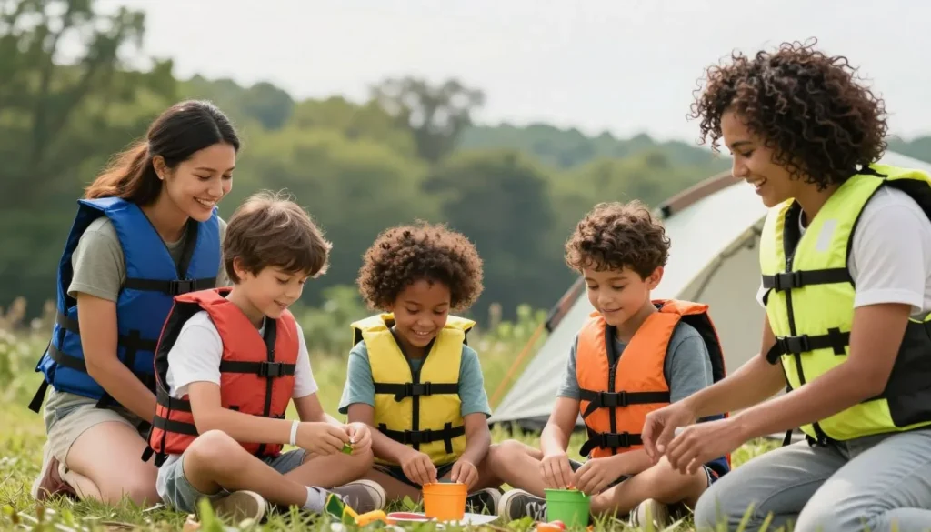 Family with children enjoying safe outdoor activities at campsite Family with children enjoying safe outdoor activities at campsite
