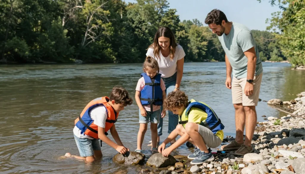 Family with children enjoying safe riverside activities and exploration Family with children enjoying safe riverside activities and exploration