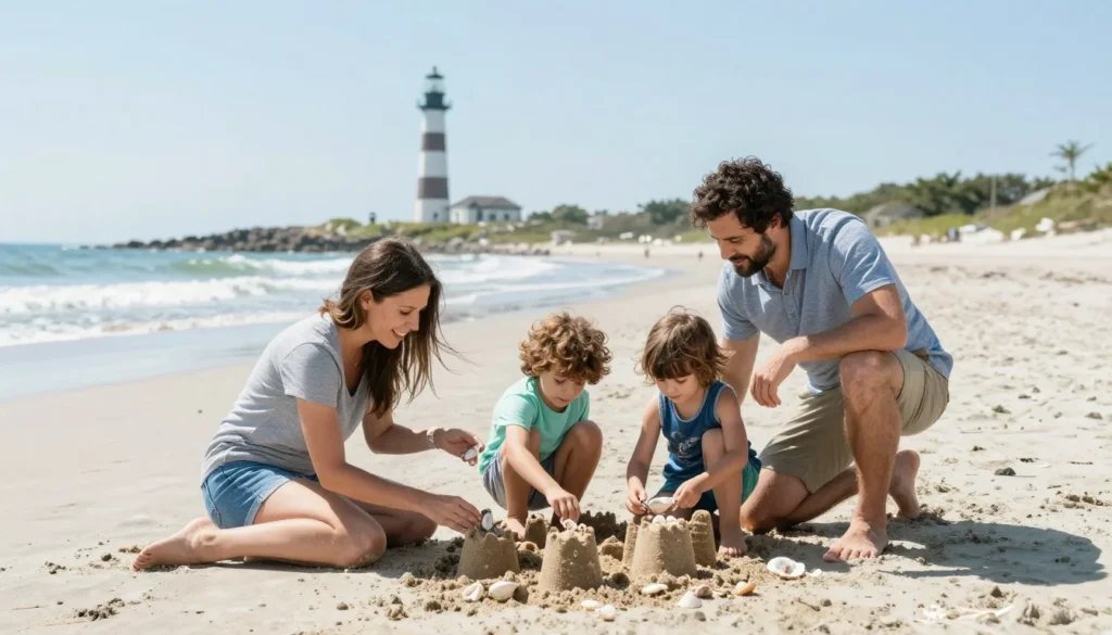 Family with children exploring Cape Lookout beach together enjoying activities Family with children exploring Cape Lookout beach together enjoying activities