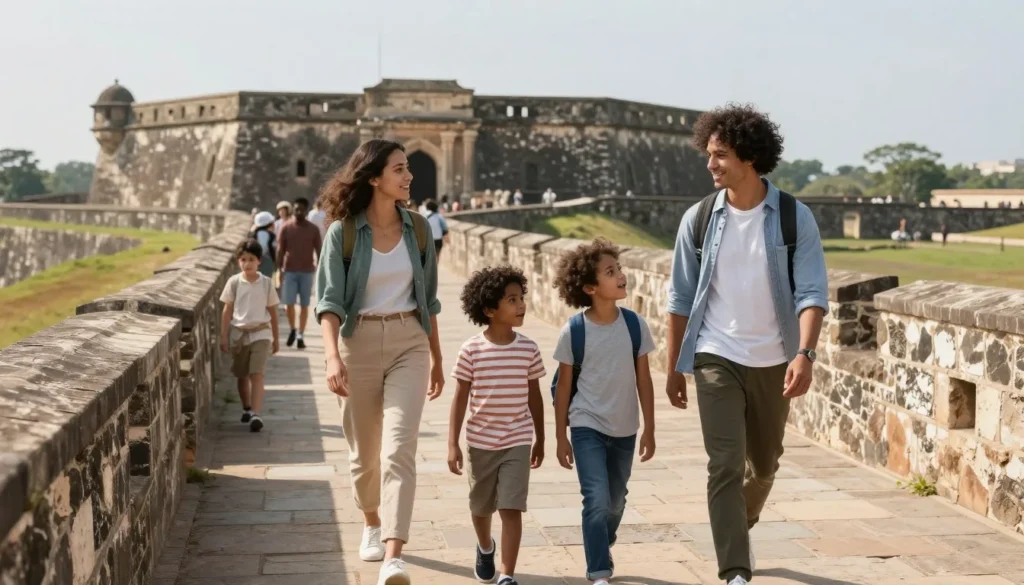 Family with children exploring Charles Fort on a sunny day