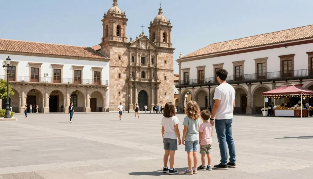Family with children exploring Cuenca's Plaza Mayor in relaxed atmosphere