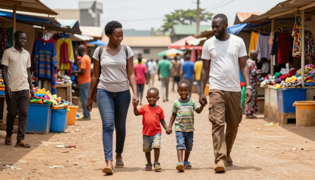 Family with children exploring Gitega market safely Family with children exploring Gitega market safely
