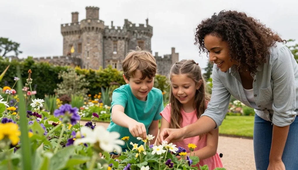 Family with children exploring Glenveagh Castle gardens together