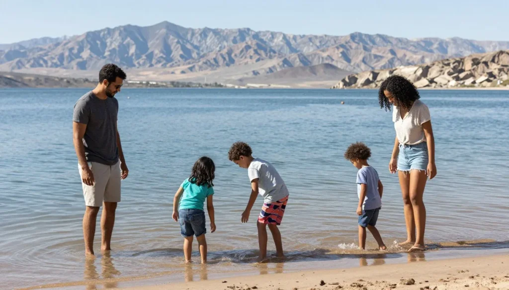 Family with children exploring South Fork Reservoir shoreline