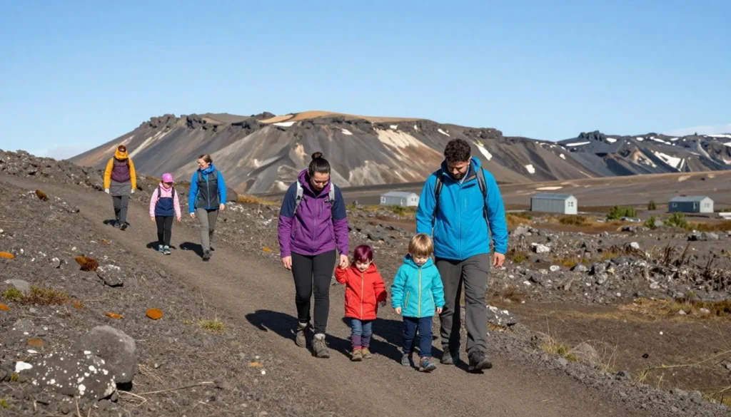 Family with children exploring Thingvellir National Park Iceland trails Family with children exploring Thingvellir National Park Iceland trails