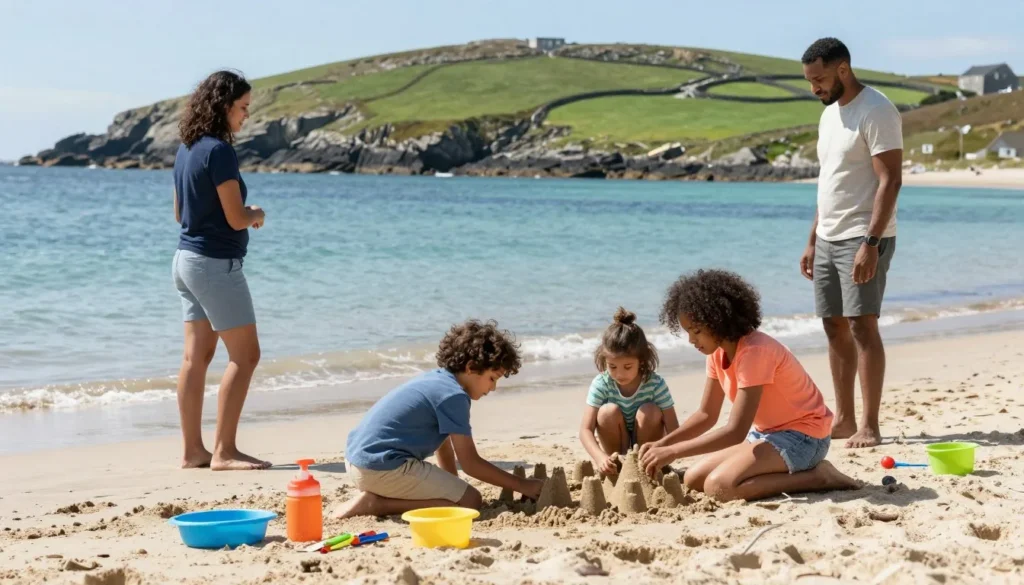 Family with children exploring a sandy beach on the Iveragh Peninsula