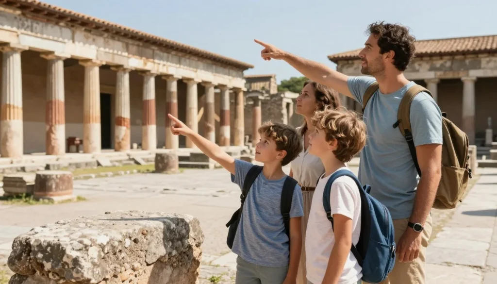 Family with children exploring ancient Pompeii ruins on sunny day Family with children exploring ancient Pompeii ruins on sunny day