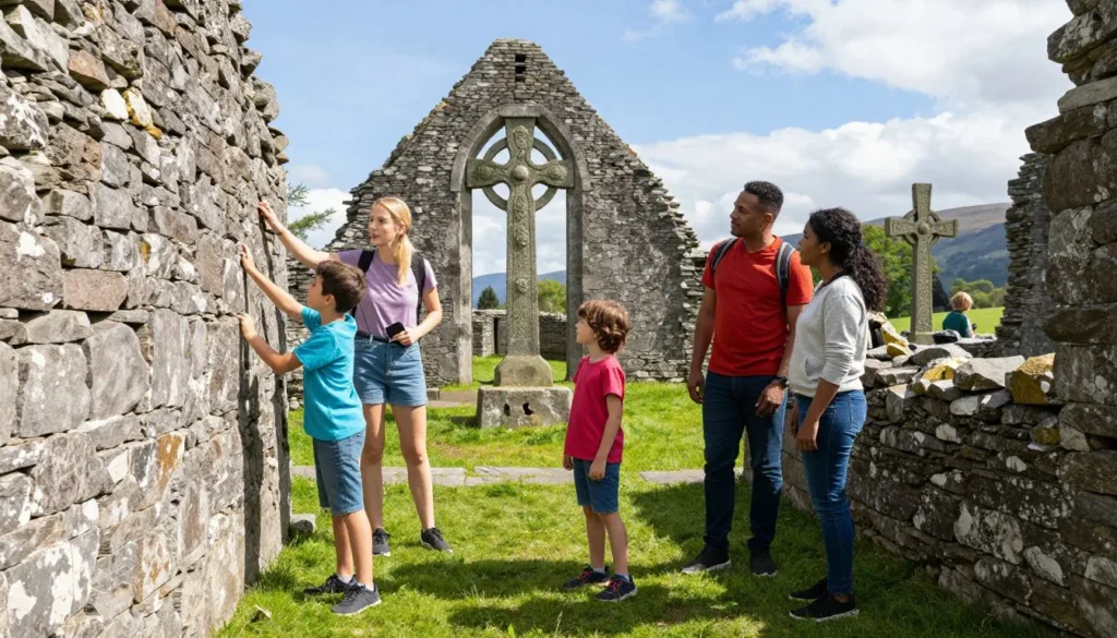 Family with children exploring ancient ruins at Glendalough monastic site