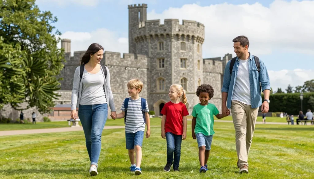 Family with children exploring castle grounds on sunny day