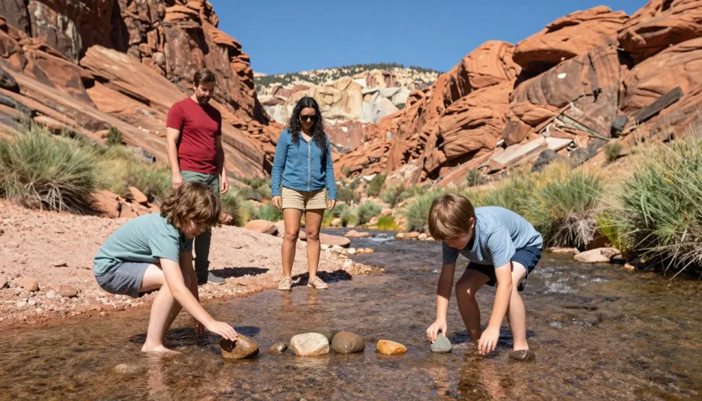 Family with children exploring creek bed and skipping stones in canyon Family with children exploring creek bed and skipping stones in canyon