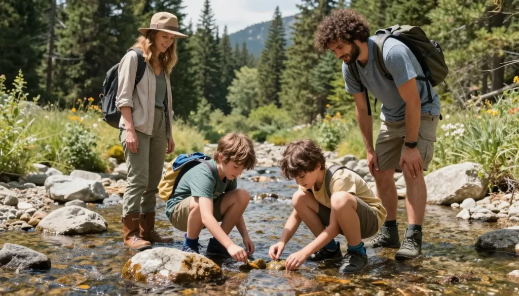 Family with children exploring creek in Raft River Mountains campground Family with children exploring creek in Raft River Mountains campground