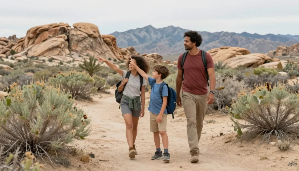 Family with children exploring desert trail with mountains visible
