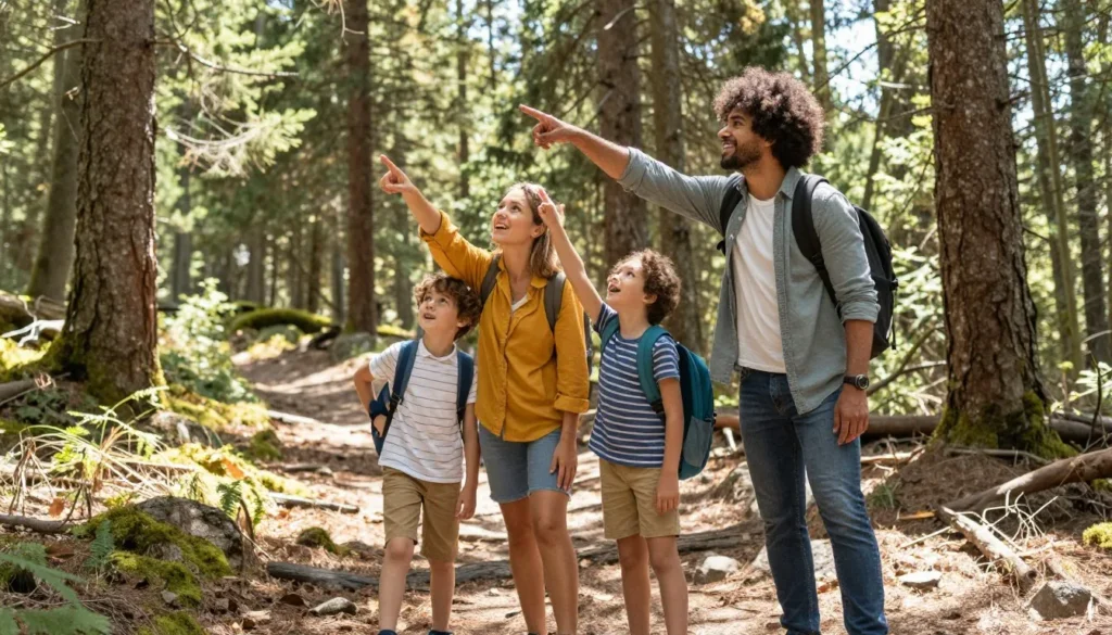 Family with children exploring forest trail pointing at wildlife Family with children exploring forest trail pointing at wildlife