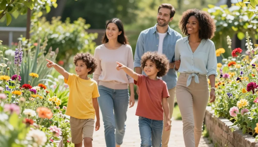 Family with children exploring garden pathways together Family with children exploring garden pathways together