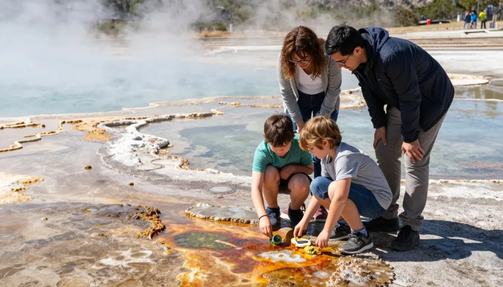 Family with children exploring natural hot springs area safely