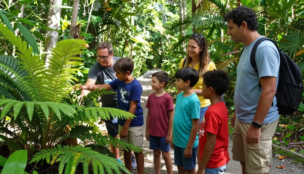 Family with children exploring nature on easy trail with educational guide