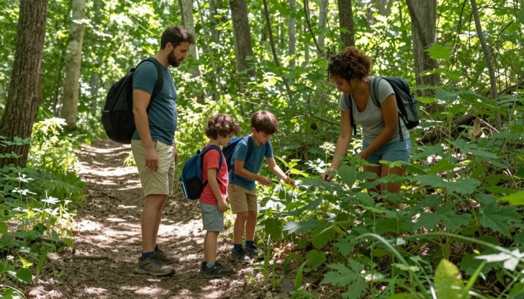 Family with children exploring nature trail in Great Balsam Mountains Family with children exploring nature trail in Great Balsam Mountains