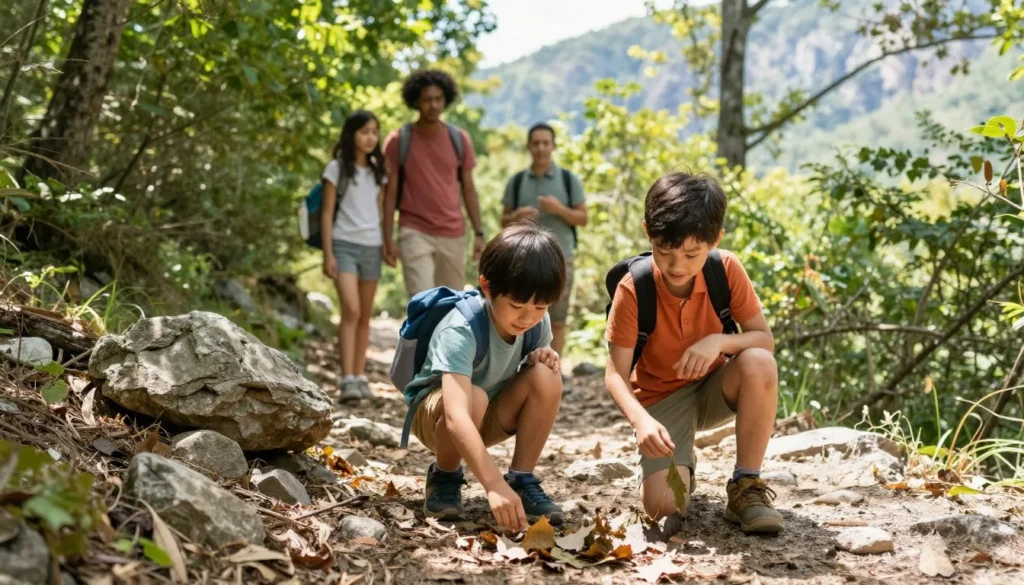 Family with children exploring nature trail in Hot Springs North Carolina mountains Family with children exploring nature trail in Hot Springs North Carolina mountains