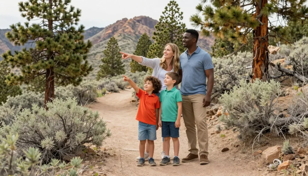Family with children exploring nature trail through pine forest
