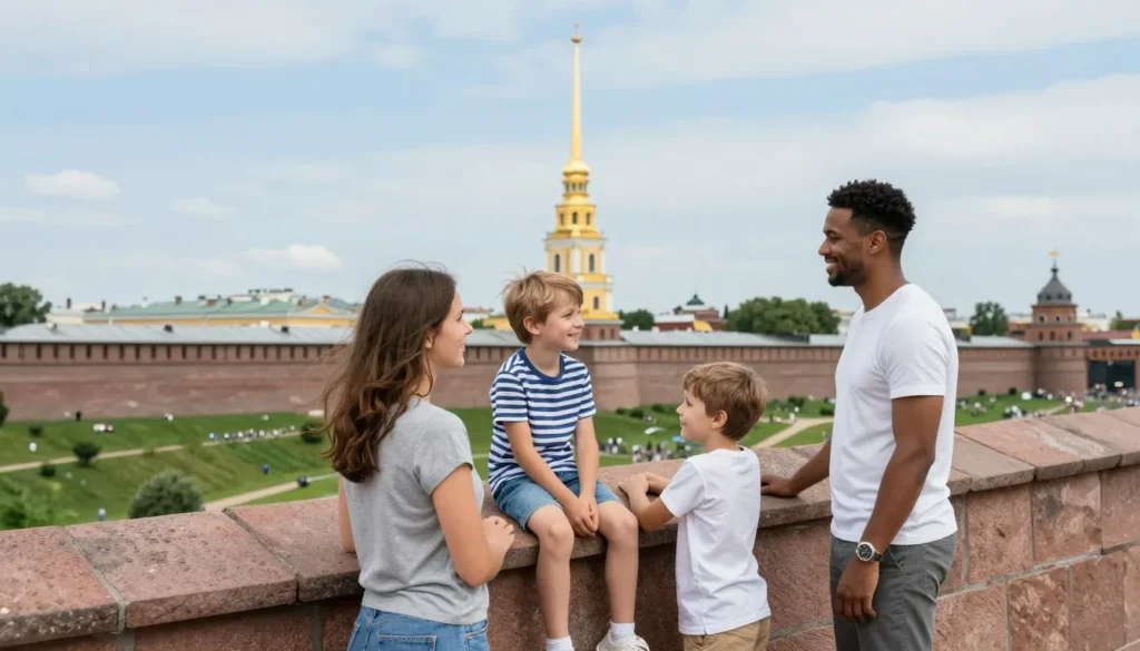 Family with children exploring the Peter and Paul Fortress with the cathedral spire visible in the background Family with children exploring the Peter and Paul Fortress with the cathedral spire visible in the background