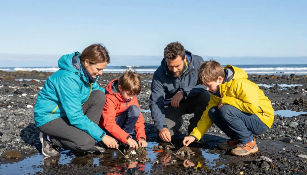 Family with children exploring tide pools on Snaefellsnes Peninsula beach on sunny day