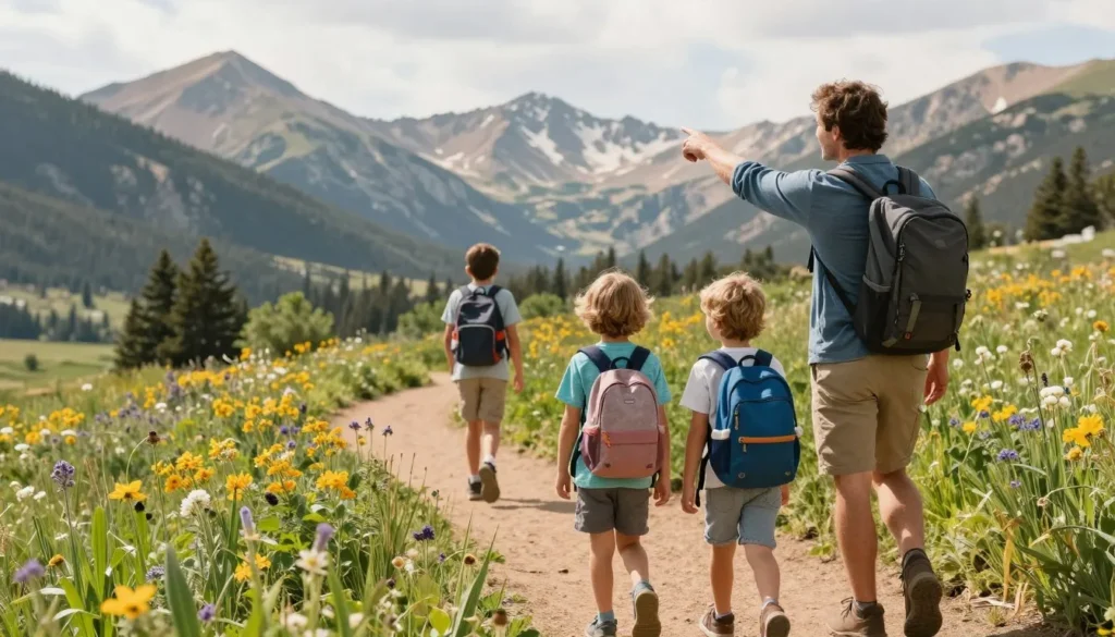 Family with children hiking easy trail near Lake City with mountain views Family with children hiking easy trail near Lake City with mountain views
