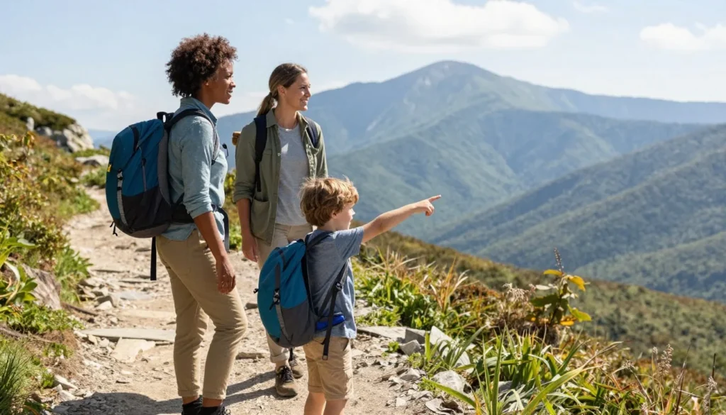 Family with children hiking on Clingmans Dome trail Family with children hiking on Clingmans Dome trail