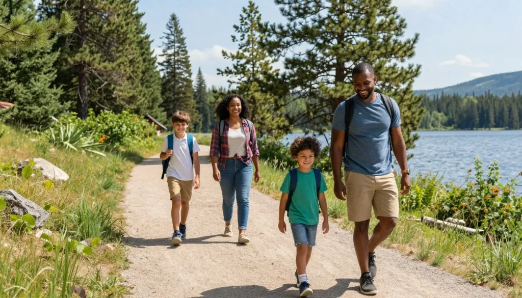 Family with children hiking on easy trail near lake