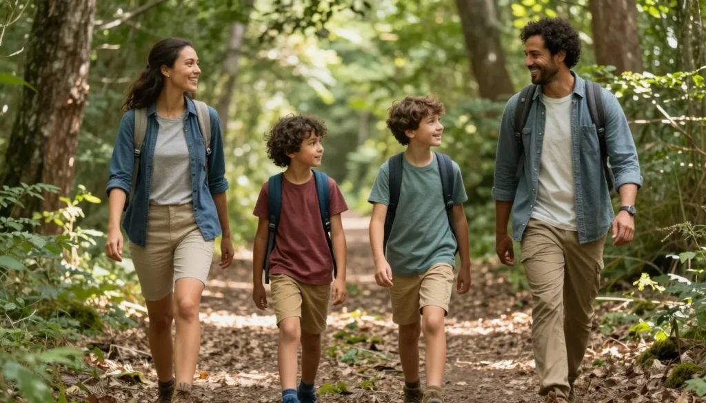Family with children hiking on forest trail with backpacks near Catawba Falls Family with children hiking on forest trail with backpacks near Catawba Falls