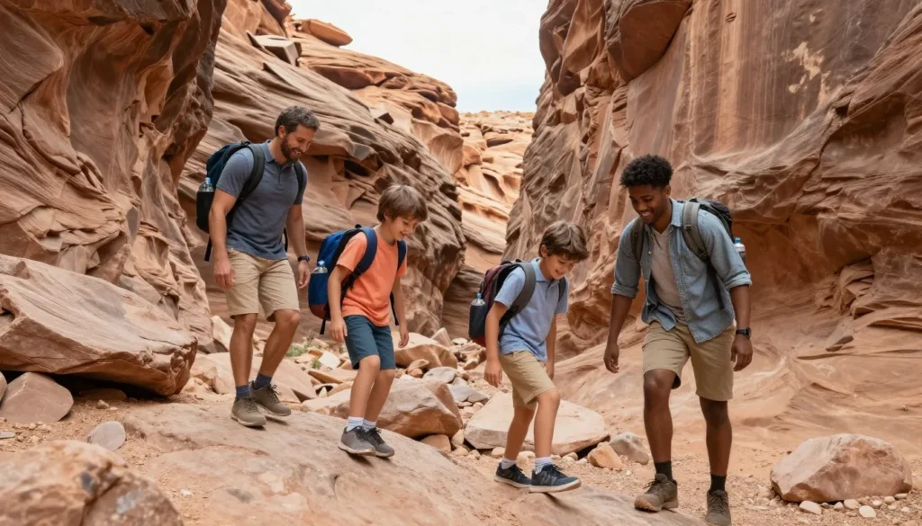 Family with children hiking through wide section of canyon Family with children hiking through wide section of canyon