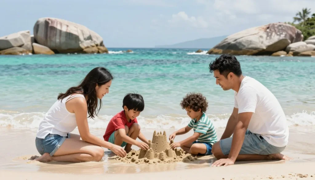 Family with children playing in shallow water at Sand Harbor Beach