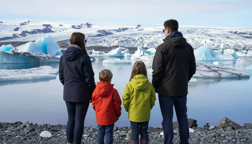 Family with children safely viewing Jokulsarlon Glacier Lagoon Family with children safely viewing Jokulsarlon Glacier Lagoon