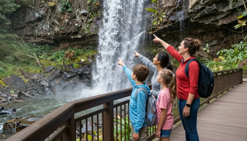 Family with children viewing waterfall from safe viewing platform Family with children viewing waterfall from safe viewing platform