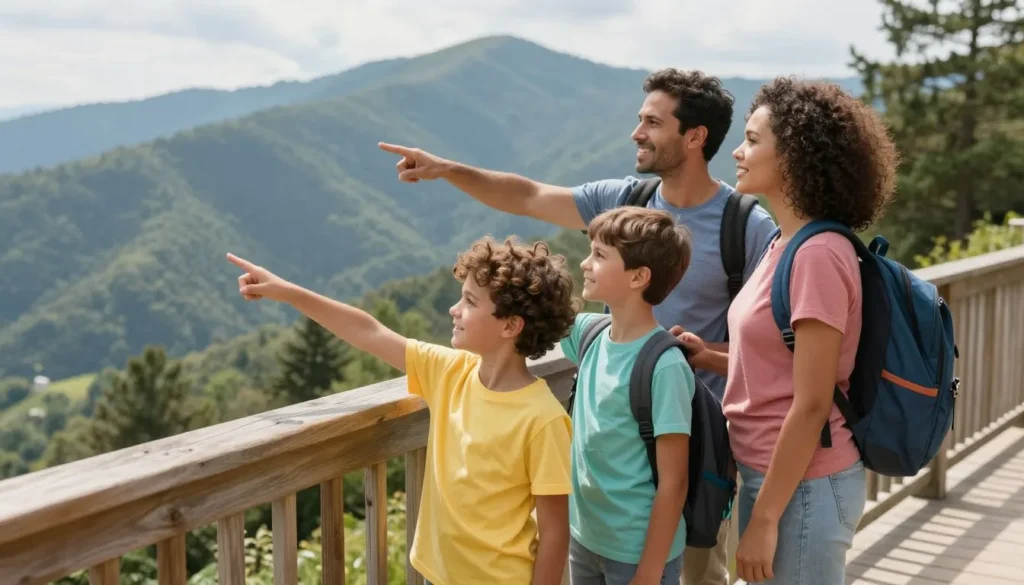 Family with two children looking at mountain views from observation deck Family with two children looking at mountain views from observation deck