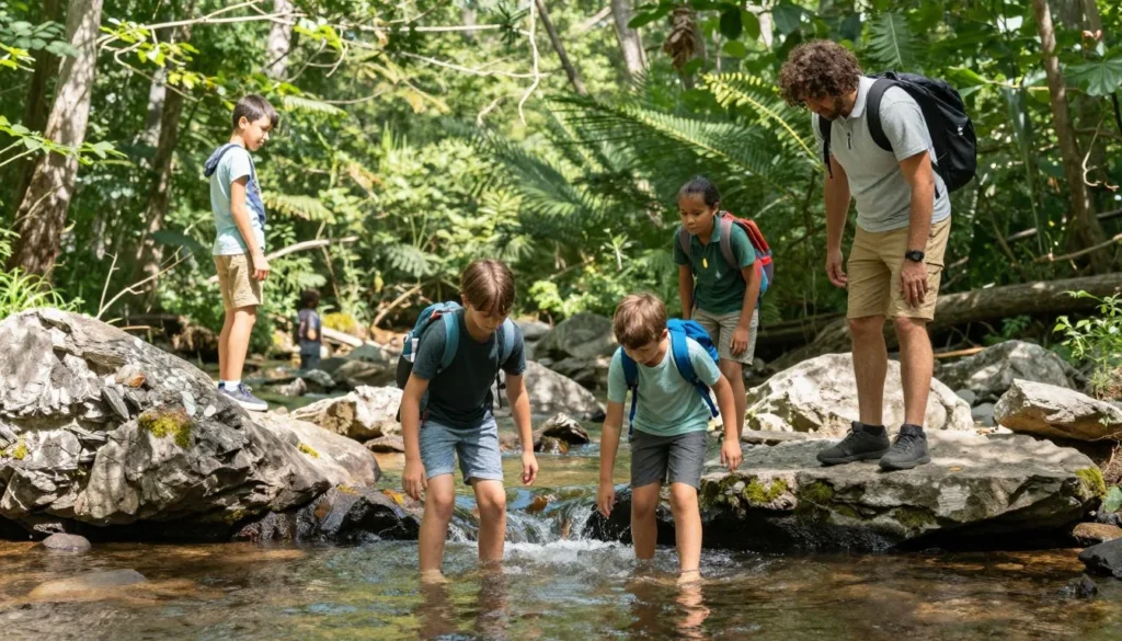 Family with young children exploring creek near forest trail Family with young children exploring creek near forest trail