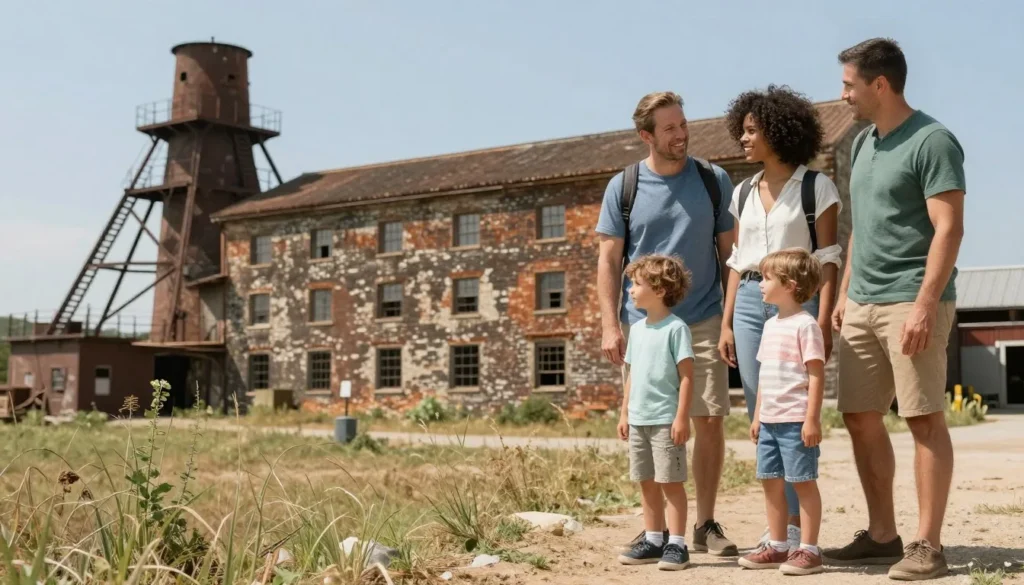 Family with young children exploring historic mining area safely