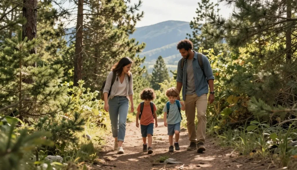 Family with young children exploring nature trail near Mount Nebo